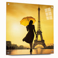 Acrylic print of Paris skyline with muted blue and gray tones, ideal for bedroom or dining room decor.