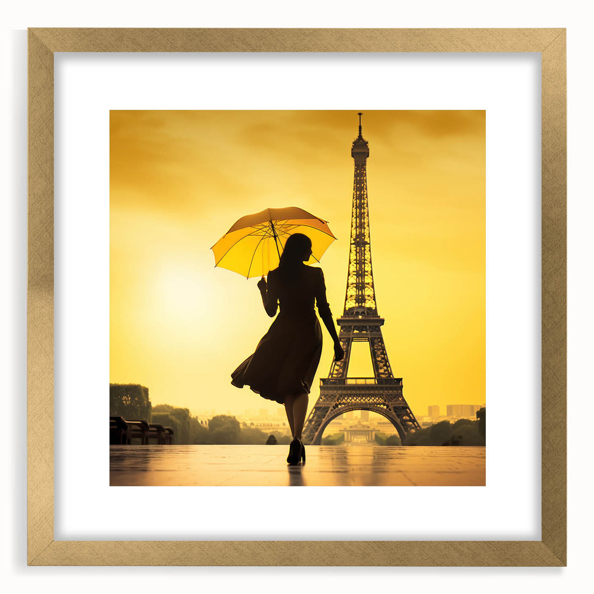Abstract art print of Paris scenery in muted gold and blue tones, framed with a gold mat, suitable for dining room decor.