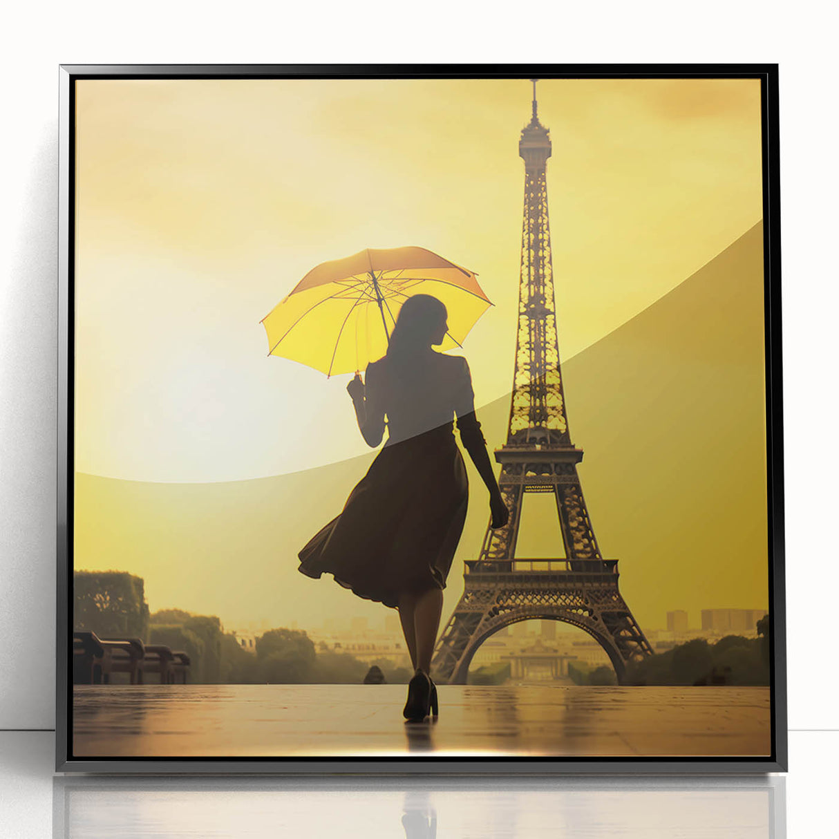 Large abstract wall art depicting an abstract Paris skyline in muted gray tones on a framed acrylic print.