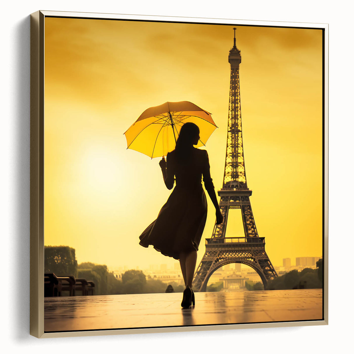 Framed canvas featuring a vintage-style Parisian landscape in black and silver tones, ideal for bedroom wall art.