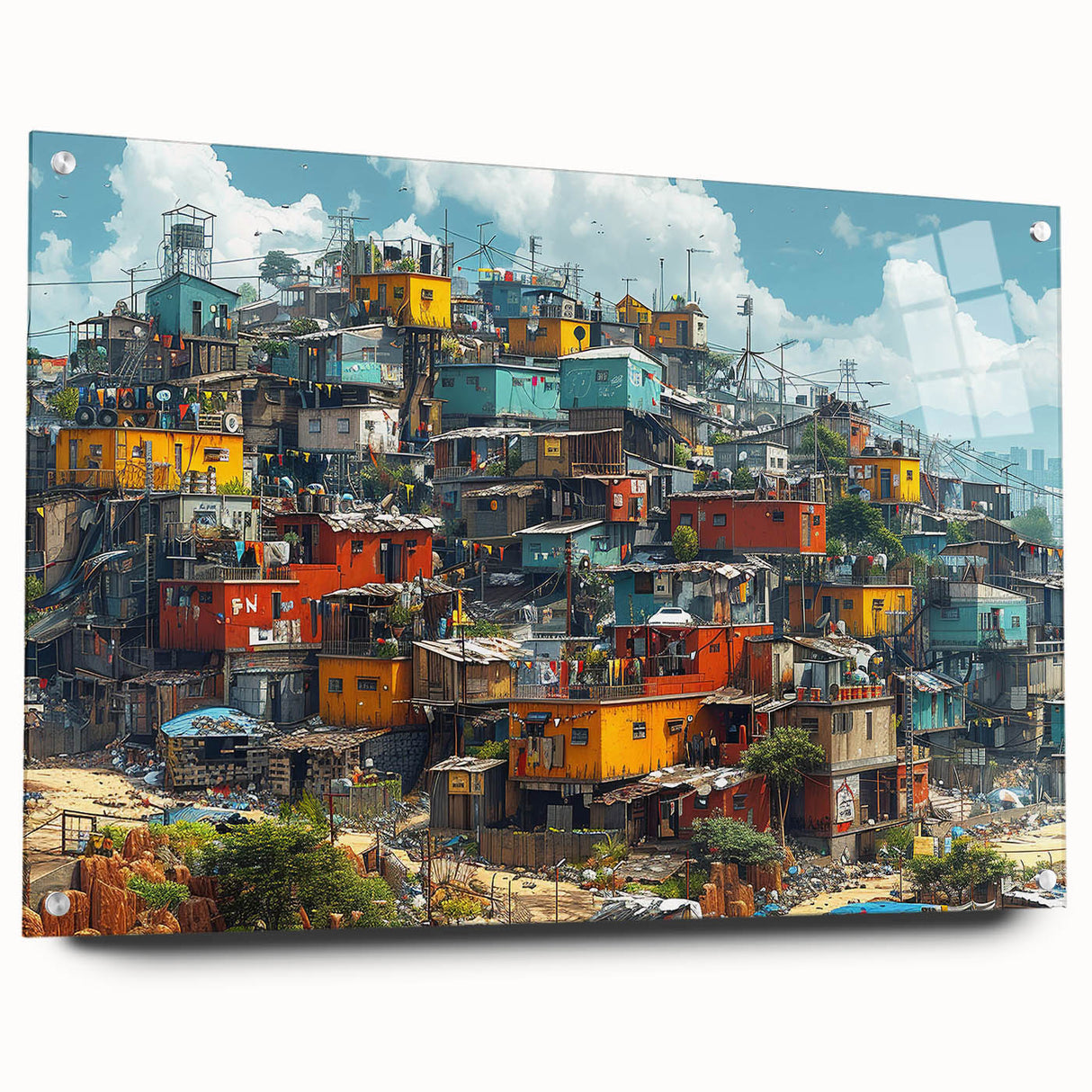 Acrylic print of a large abstract depiction of a Brazilian landscape in vibrant green and blue tones.
