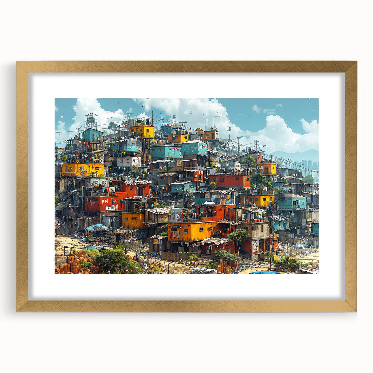 Extra large abstract art print of a textured Brazilian landscape in gold frame, ideal for living room decor.