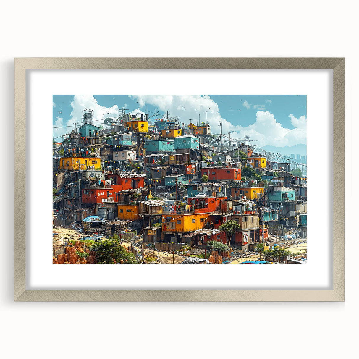 Textured abstract art print depicting a stylized Brazilian landscape in earthy tones, framed in silver.