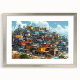 Textured abstract art print depicting a stylized Brazilian landscape in earthy tones, framed in silver.
