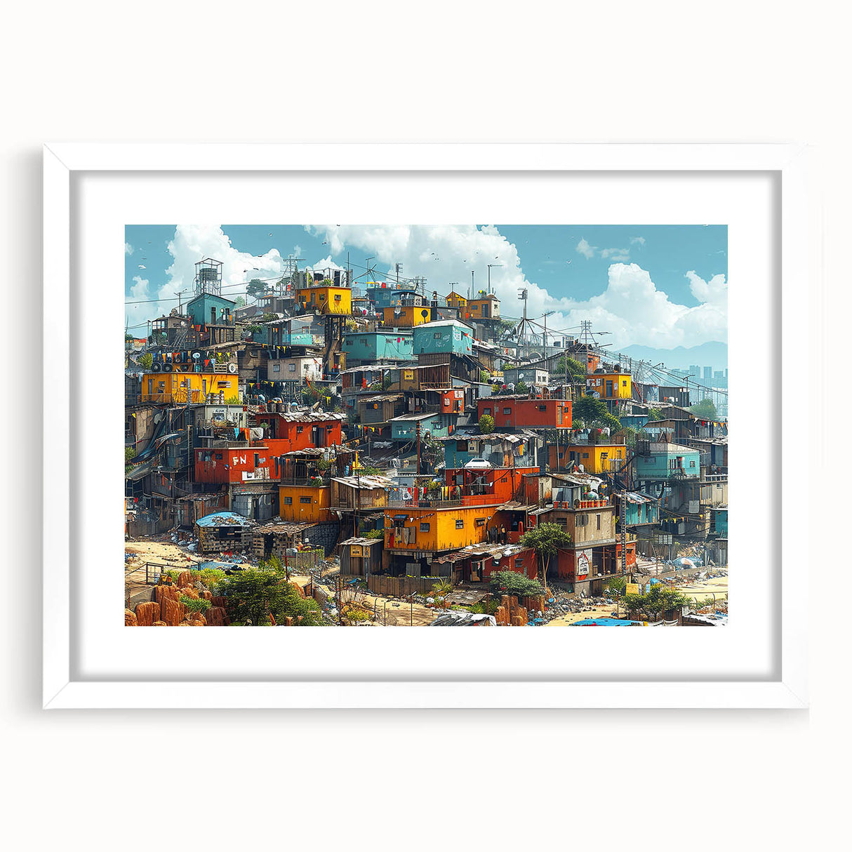 Abstract art print of a stylized Brazilian landscape in muted green and yellow tones on a framed white canvas.