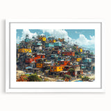 Abstract art print of a stylized Brazilian landscape in muted green and yellow tones on a framed white canvas.