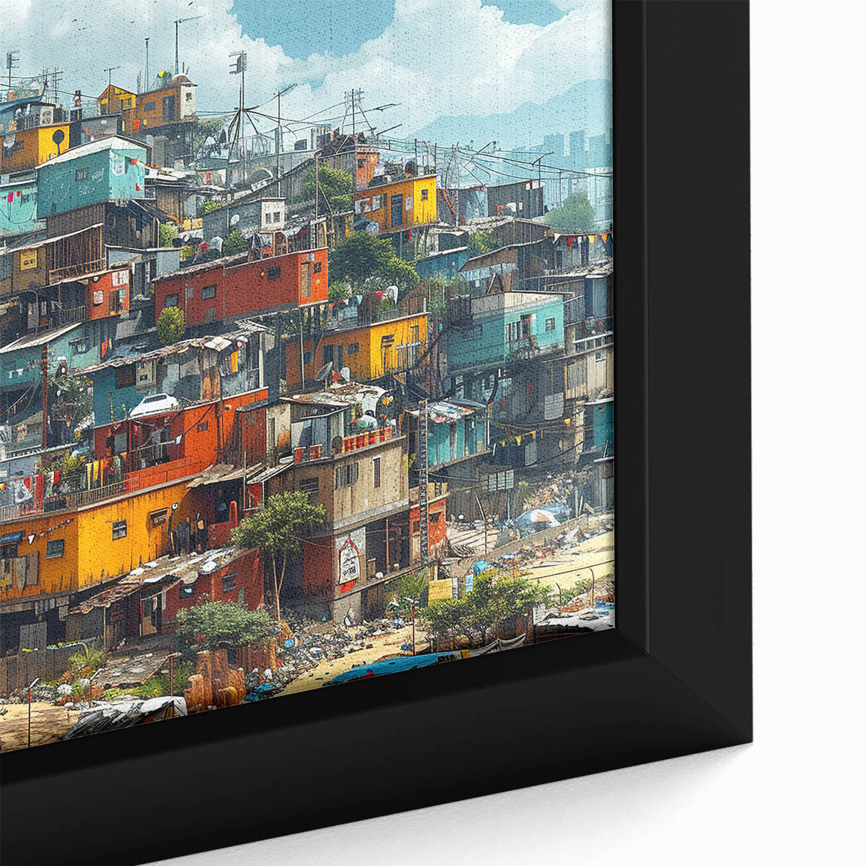 Extra large framed canvas featuring a textured depiction of a Brazilian landscape in black with colorful accents.