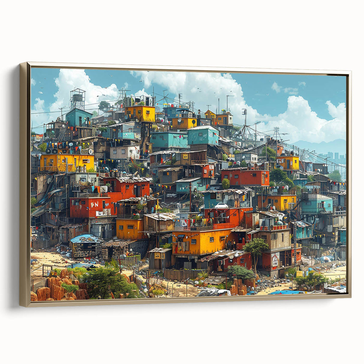 Framed canvas featuring a vintage-style landscape of a Brazilian scene in muted gold and black tones.