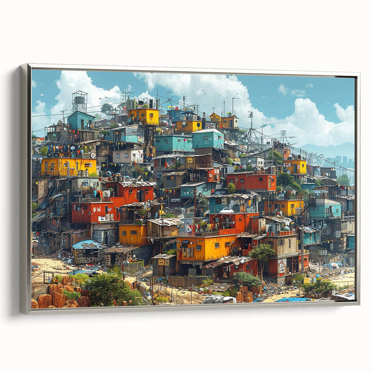 Framed canvas landscape art painting featuring a colorful vintage-style depiction of a Brazilian scene.