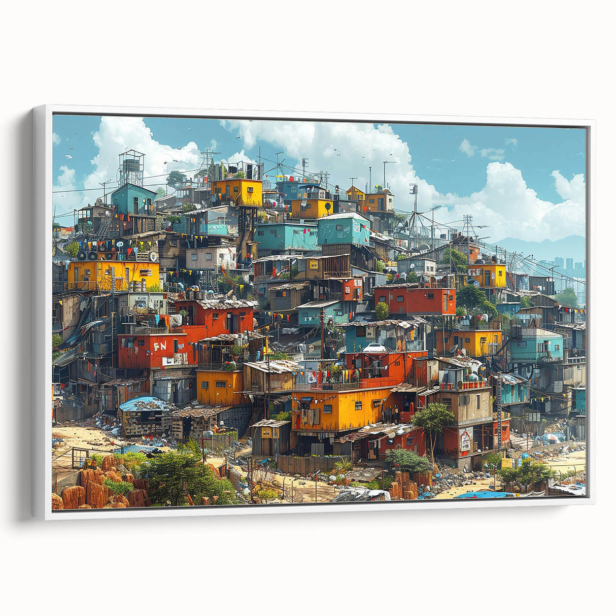 Vintage poster art of a colorful Brazilian landscape on extra large framed canvas, ideal for living room decor.