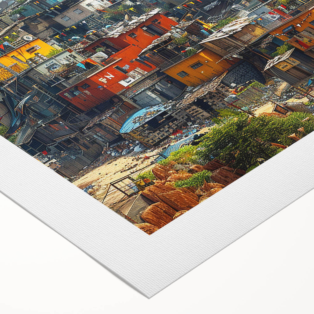 Art deco poster of a Brazilian landscape in vibrant greens and blues on rolled canvas, suitable for dining room wall art.