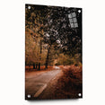 Large abstract wall art depicting fall seasons in orange and brown tones on acrylic glass.