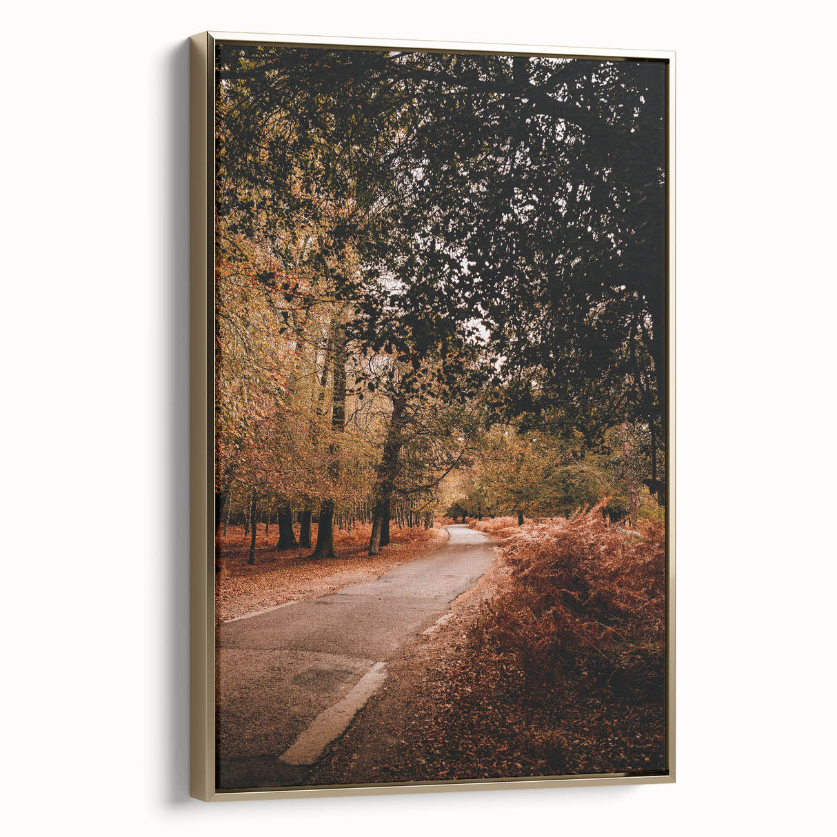 Framed canvas featuring a vintage-style landscape painting of autumn trees, with a black and gold color scheme.