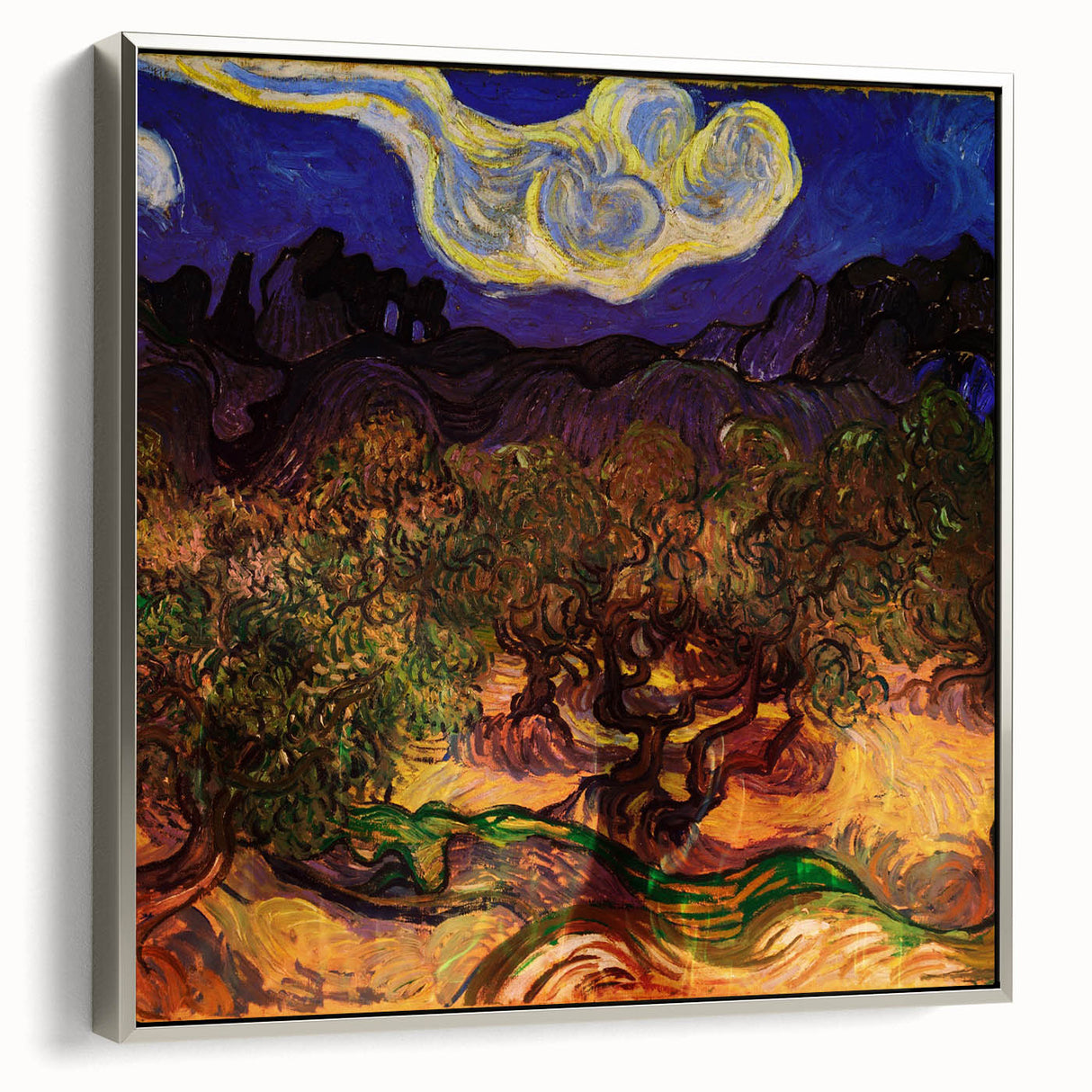Silver-framed canvas featuring a Van Gogh-inspired landscape painting with vibrant colors.