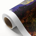 Art deco-style poster of a whimsical garden scene in soft pastel colors, printed on rolled canvas.