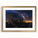 Elegant gold-framed landscape artwork featuring a majestic castle surrounded by lush greenery, showcasing intricate details and a classic mat finish, perfect for home decor.