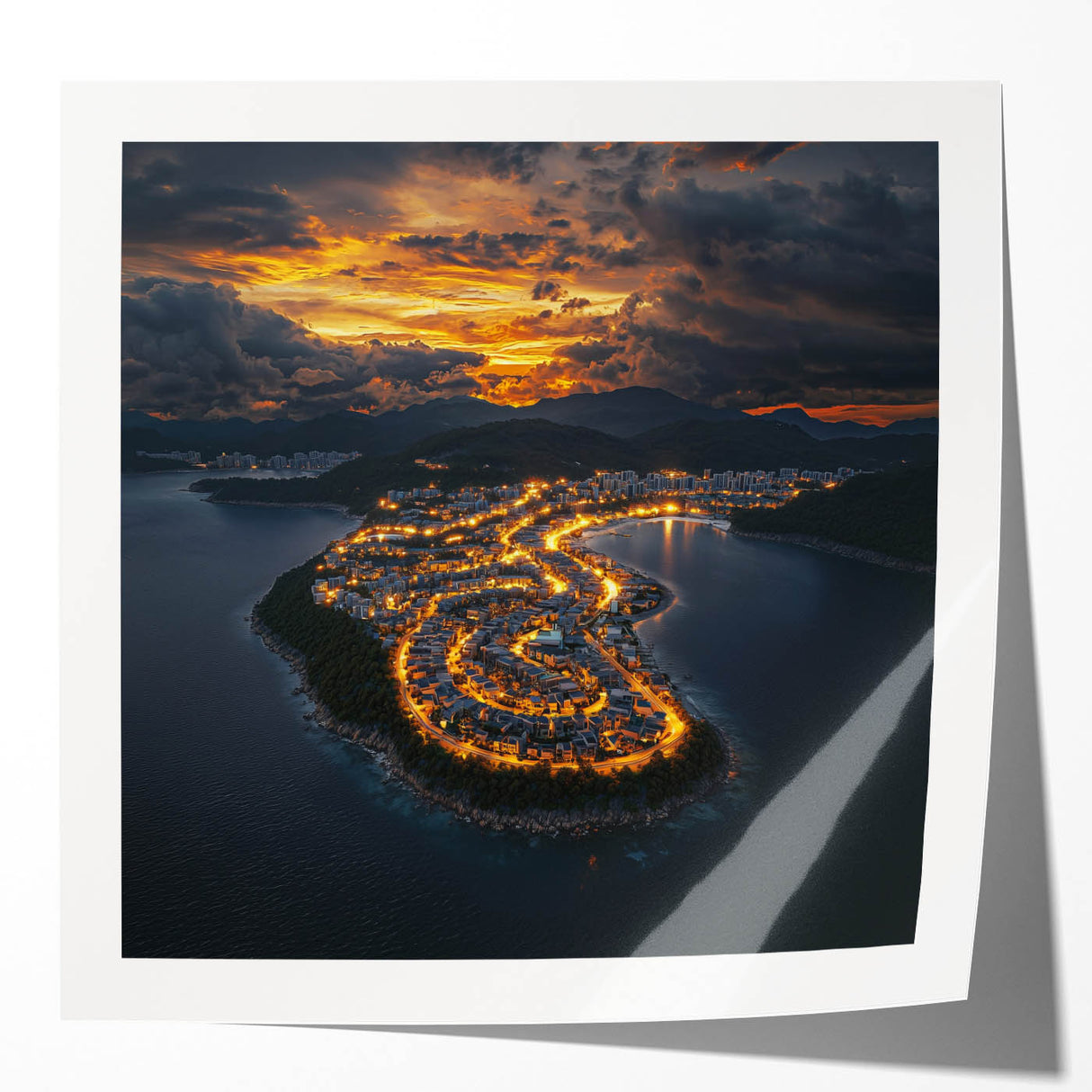Stunning landscape photo print mockup showcasing dramatic cliffs against a vibrant sunset, presented in a glossy finish for an elegant display. Ideal for home decor.