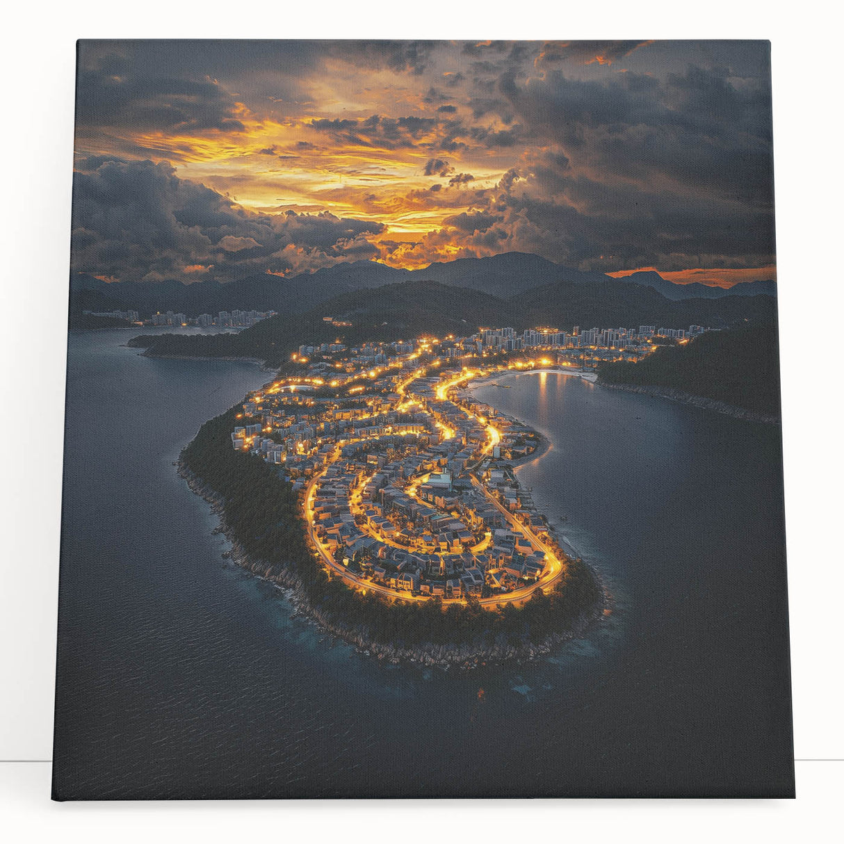 Stretched canvas artwork showcasing a serene landscape of dramatic cliffs and lush greenery, perfect for home decor, evoking tranquility and nature's beauty.