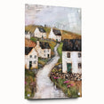 Abstract architectural wall art displayed in a side view, featuring vibrant colors and sleek lines, mounted on acrylic glass with visible pins, ideal for modern decor.