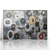 Abstract geometric framed acrylic artwork featuring a white background with intricate black and gray shapes, ideal for modern home decor or office settings.