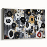 Abstract geometric framed canvas in silver, showcasing intricate shapes and lines, ideal for modern home decor. Side view highlights its sleek design and contemporary style. Perfect addition to elevate living spaces with a touch of elegance and artistic flair.