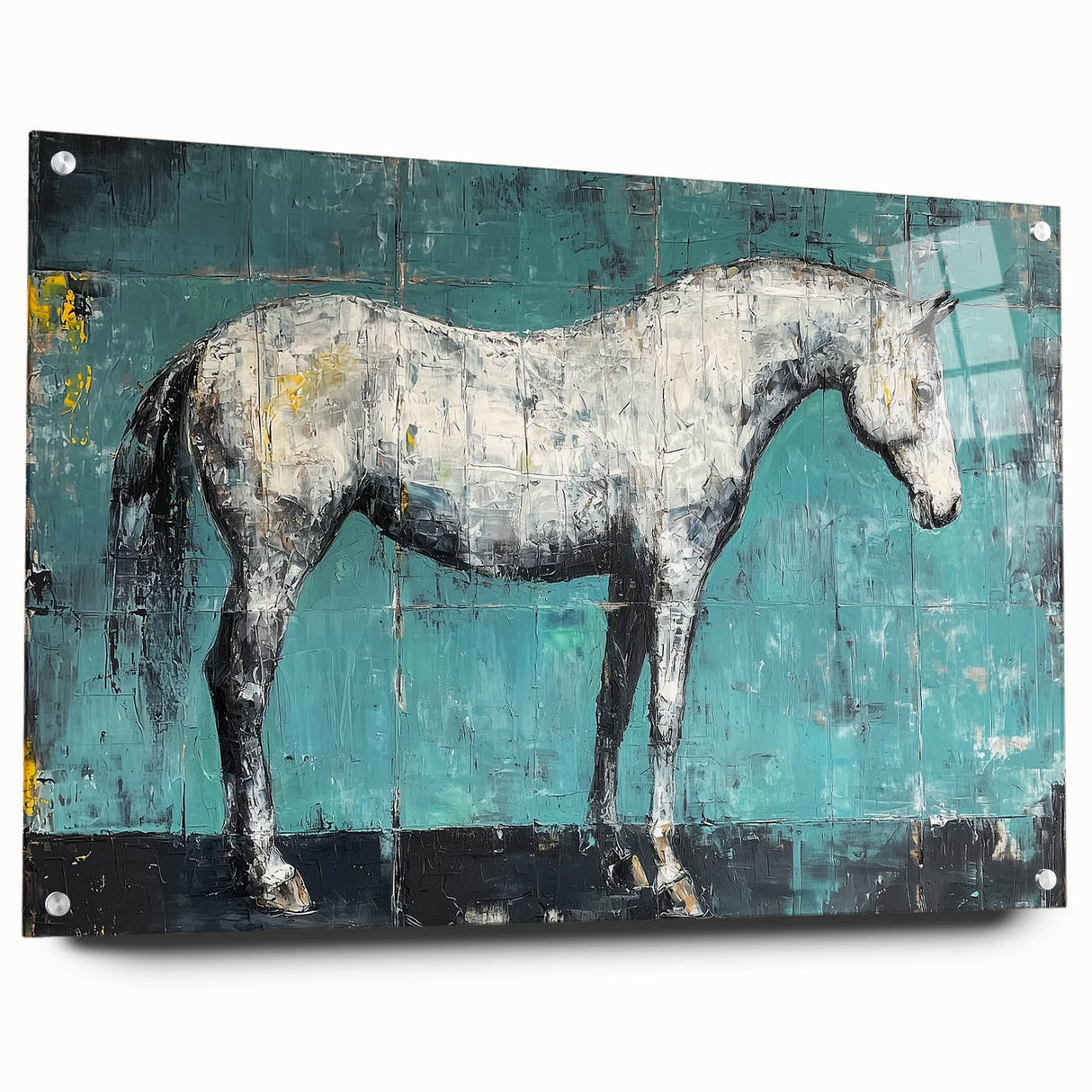 Acrylic glass display showcasing a vibrant animal design with detailed illustrations and colorful accents, securely fastened with pins, ideal for modern home decor.