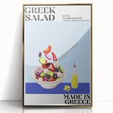 Mid-century modernist art of assorted food dishes in gold and brown tones, framed acrylic print.