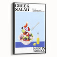Black and white framed canvas featuring a vintage poster art of various food dishes, ideal for bedroom wall decor.