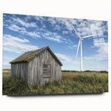 Side view of a landscape barn design printed on acrylic glass, showcasing vibrant colors and detailed textures, perfect for modern home decor.