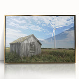 Framed acrylic wall art depicting a serene landscape scene with a rustic barn, featuring gold accents, ideal for home decor. Perfect for nature and farmhouse style enthusiasts.
