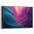 Framed canvas artwork showcasing a stunning landscape of colorful canyons, featuring a black frame that enhances the vibrant hues. Ideal for home decor.