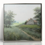 Framed acrylic wall art depicting a serene landscape of rolling hills and a vibrant sunset, bordered with elegant silver framing, perfect for home decor.