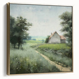 Framed landscape wall art depicting a serene countryside scene, featuring lush green fields and a golden sky at sunset, ideal for home decor.