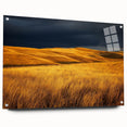 Acrylic glass artwork depicting a serene countryside landscape, featuring rolling hills and vibrant greenery, displayed from a side view with decorative pins.