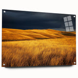 Acrylic glass artwork depicting a serene countryside landscape, featuring rolling hills and vibrant greenery, displayed from a side view with decorative pins.