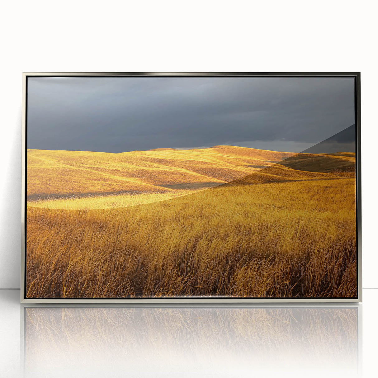 Framed acrylic artwork showcasing a serene countryside landscape with vibrant greens and blues, elegantly displayed with a silver frame, perfect for home decor.