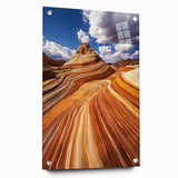 Desert landscape acrylic art piece displayed in a glass frame, showcasing vibrant colors and intricate details, perfect for modern home decor.