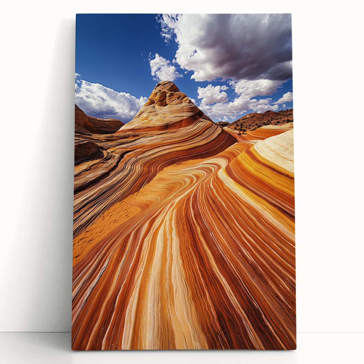 Desert landscape stretched canvas art featuring vibrant hues of orange and yellow, depicting a serene sunset over a vast sandy expanse, perfect for home decor.