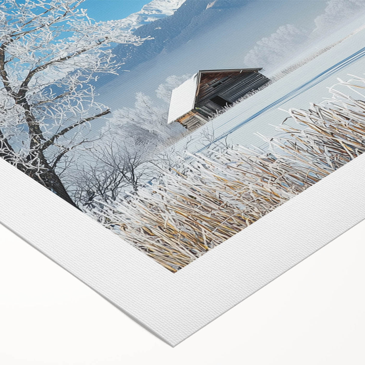Vibrant rolled canvas artwork showcasing a serene landscape of golden fields under a blue sky, elegantly packaged in a protective cardboard tube for safe delivery.