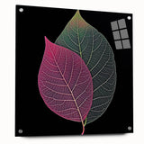 Close-up of green leaves on acrylic glass, subtle green and yellow tones, ideal for dining room art.