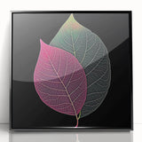 Large abstract wall art featuring close-up views of leaves in a mid-century modernist style, framed in black acrylic.