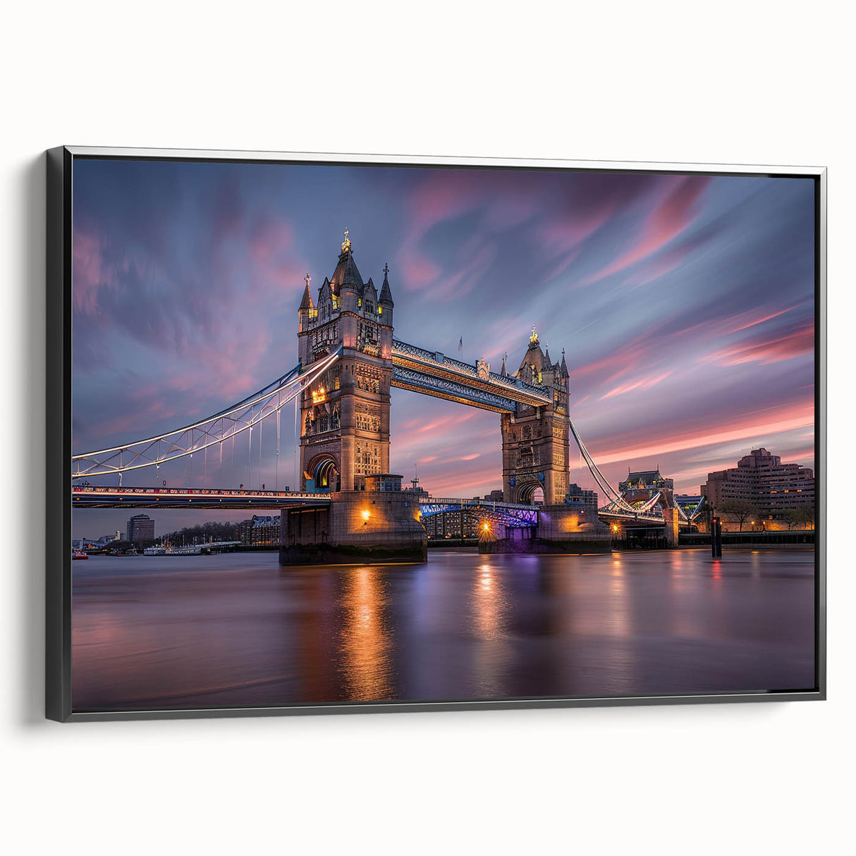 Black and white wall art featuring a vintage poster-style landscape of London on a framed canvas, ideal for bedroom decor.