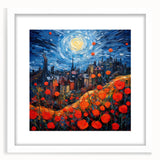 Textured art print of an abstract Paris scene in muted grays and blues, framed in white, ideal for bedroom decor.