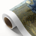 Art deco-style poster depicting a starry night sky in vibrant blue and yellow tones, printed on rolled canvas.