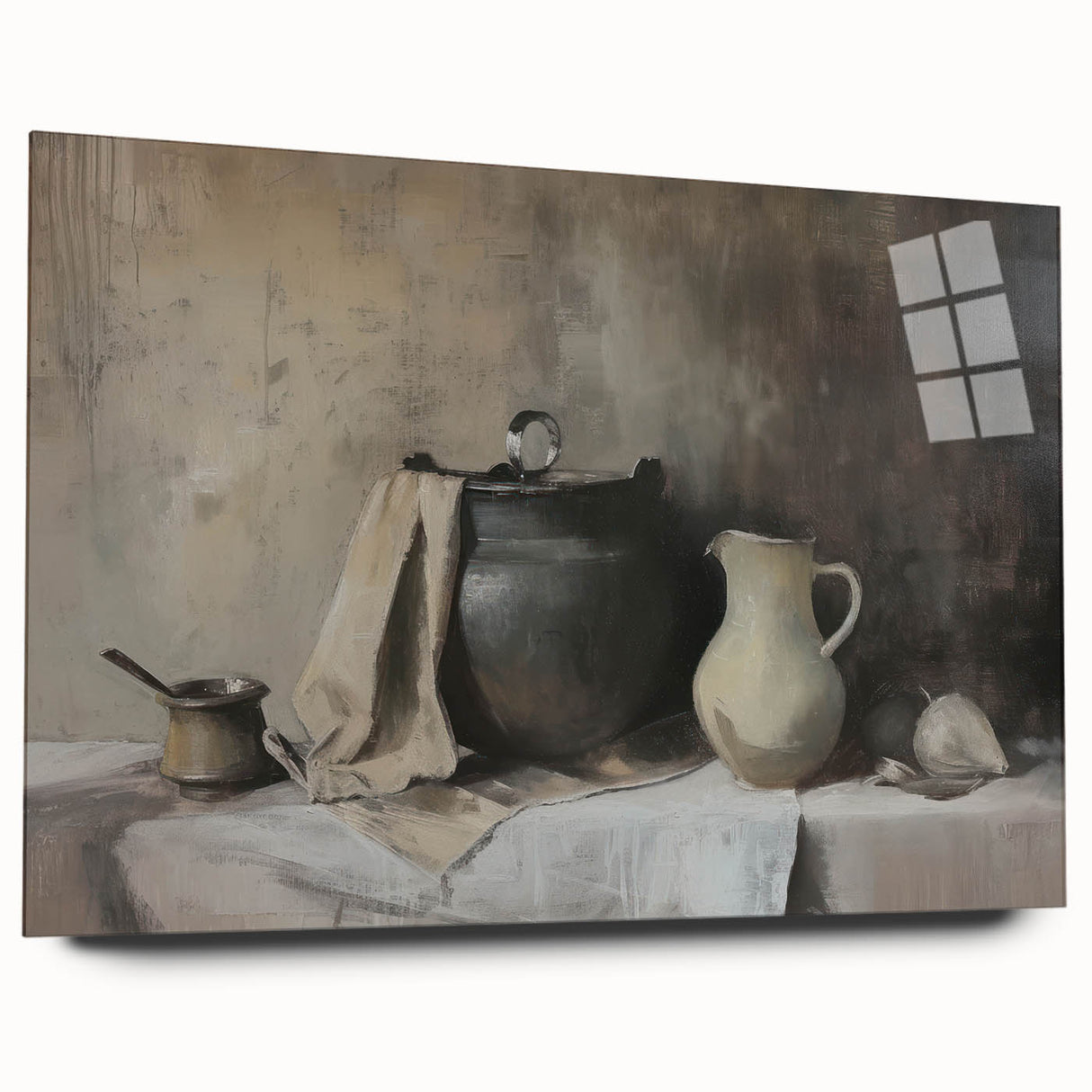 Large abstract wall art on acrylic glass depicting swirling blue and gray tones, ideal for bedroom or dining room decor.