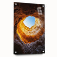 Acrylic and glass landscape art piece showcasing a vibrant cave scene, viewed from the side with decorative pins, ideal for modern home decor, enhancing artistic ambiance.