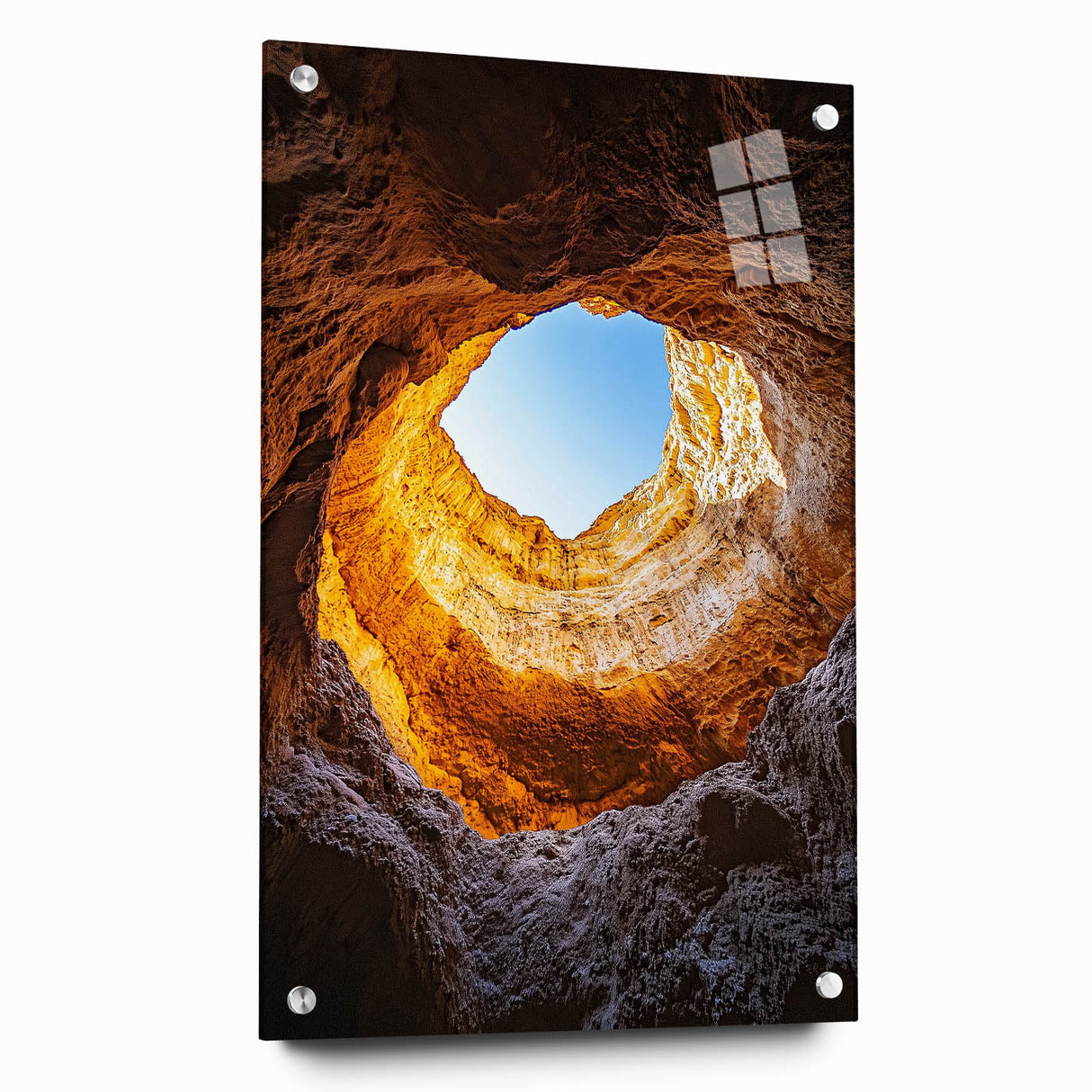 Acrylic and glass landscape art piece showcasing a vibrant cave scene, viewed from the side with decorative pins, ideal for modern home decor, enhancing artistic ambiance.