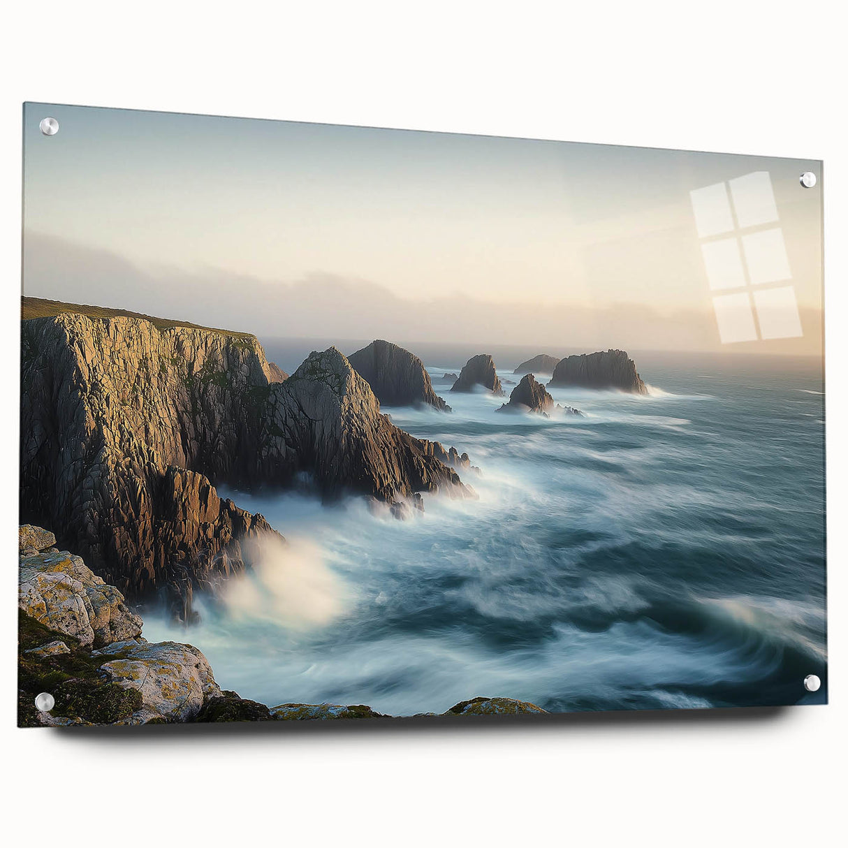 Acrylic glass artwork depicting a stunning cliff landscape, showcased from a side view with modern pins for hanging. The vibrant colors and intricate details enhance any contemporary decor. Ideal for nature lovers and art enthusiasts looking to elevate their space.