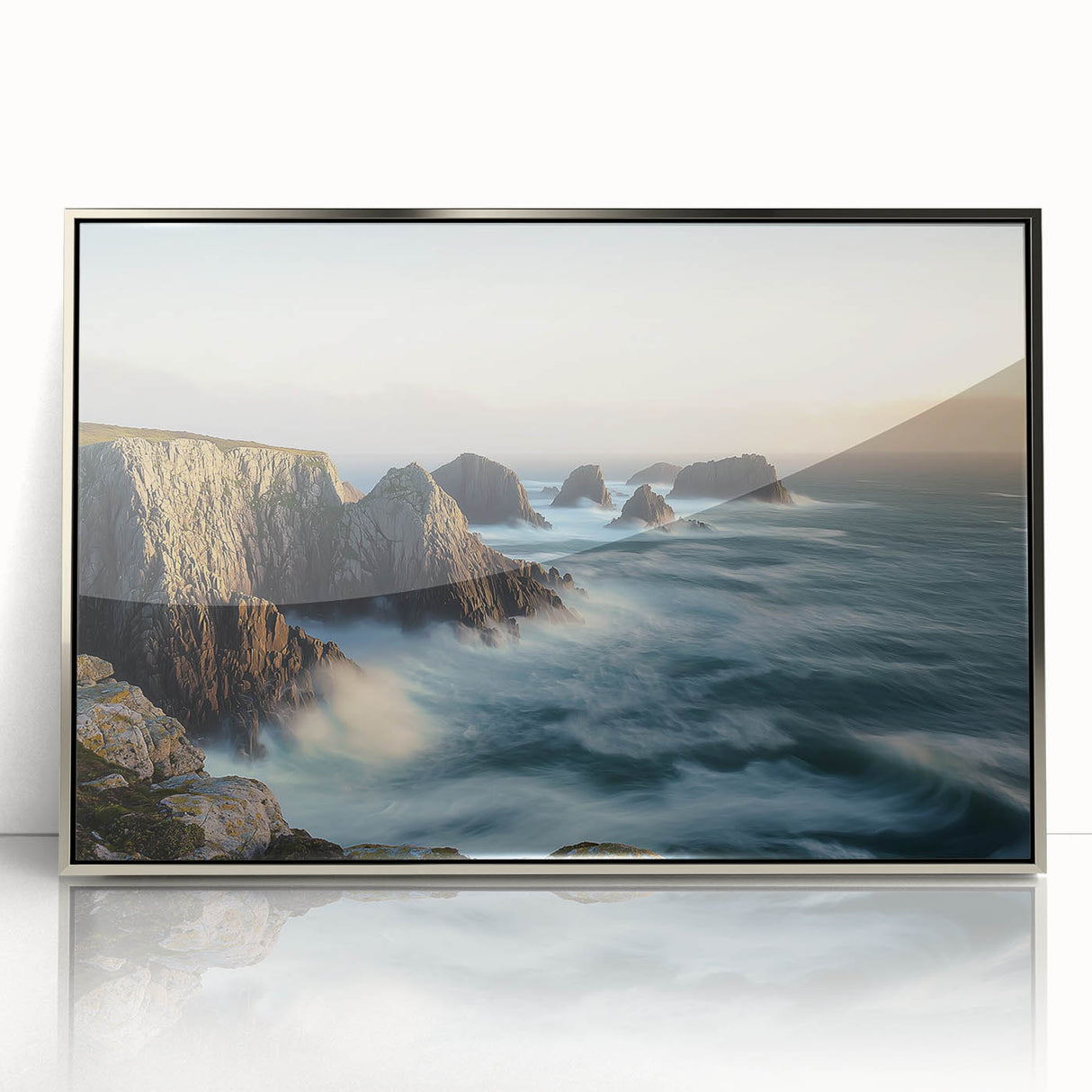 Framed acrylic artwork showcasing a stunning cliff landscape in silver tones, perfect for modern decor. Ideal for enhancing living spaces with nature-inspired aesthetics.