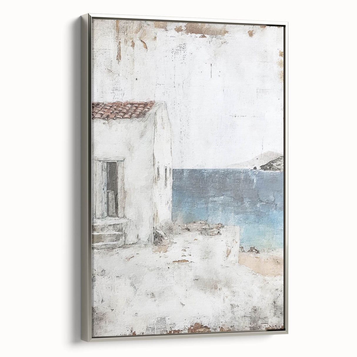 Framed abstract architecture wall art in silver, showcasing geometric shapes and modern design, perfect for contemporary home decor.